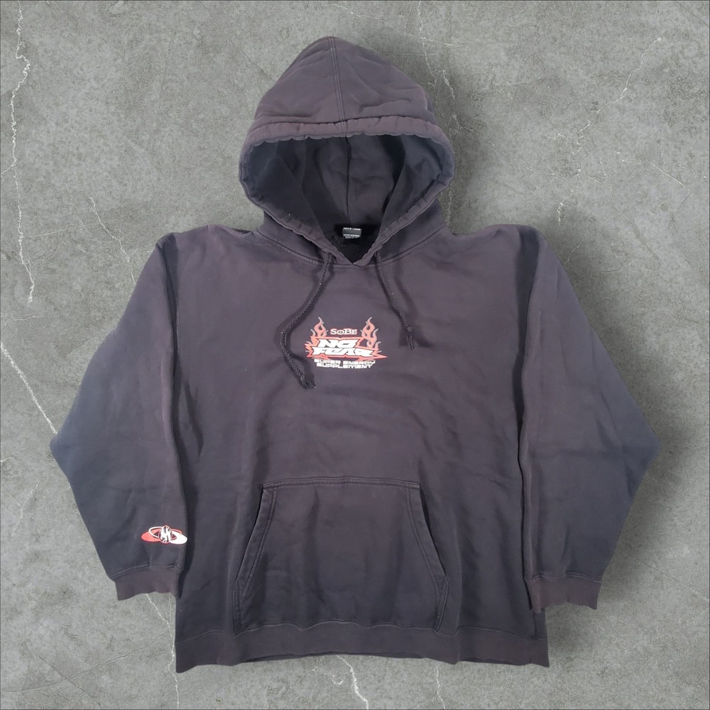 No Fear SoBe Hoodie Mens XL Black Graphic Flame Energy Supplement Pullover Y2K